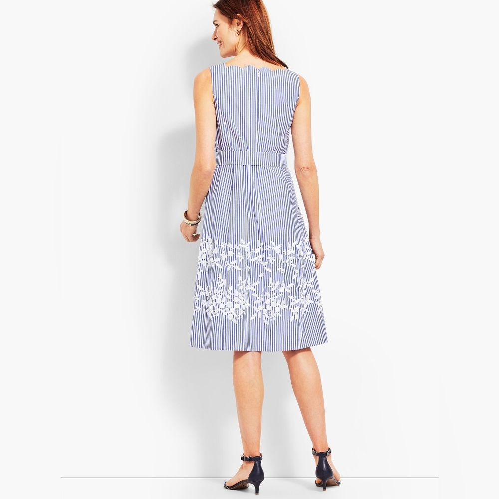 Talbots Sleeveless Blue White Striped Embroidered Fit Flare Dress, 8 Petite - Picture 2 of 8